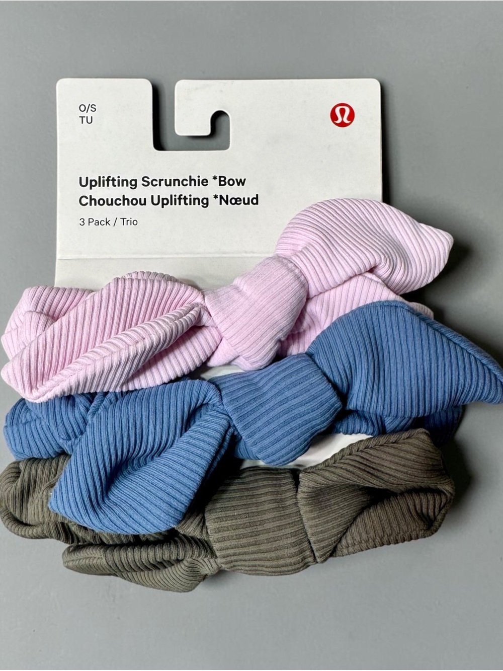 Lululemon Uplifting Scrunchie Bow 3 Pack Pink Utility Blue Carbon Dust NWT